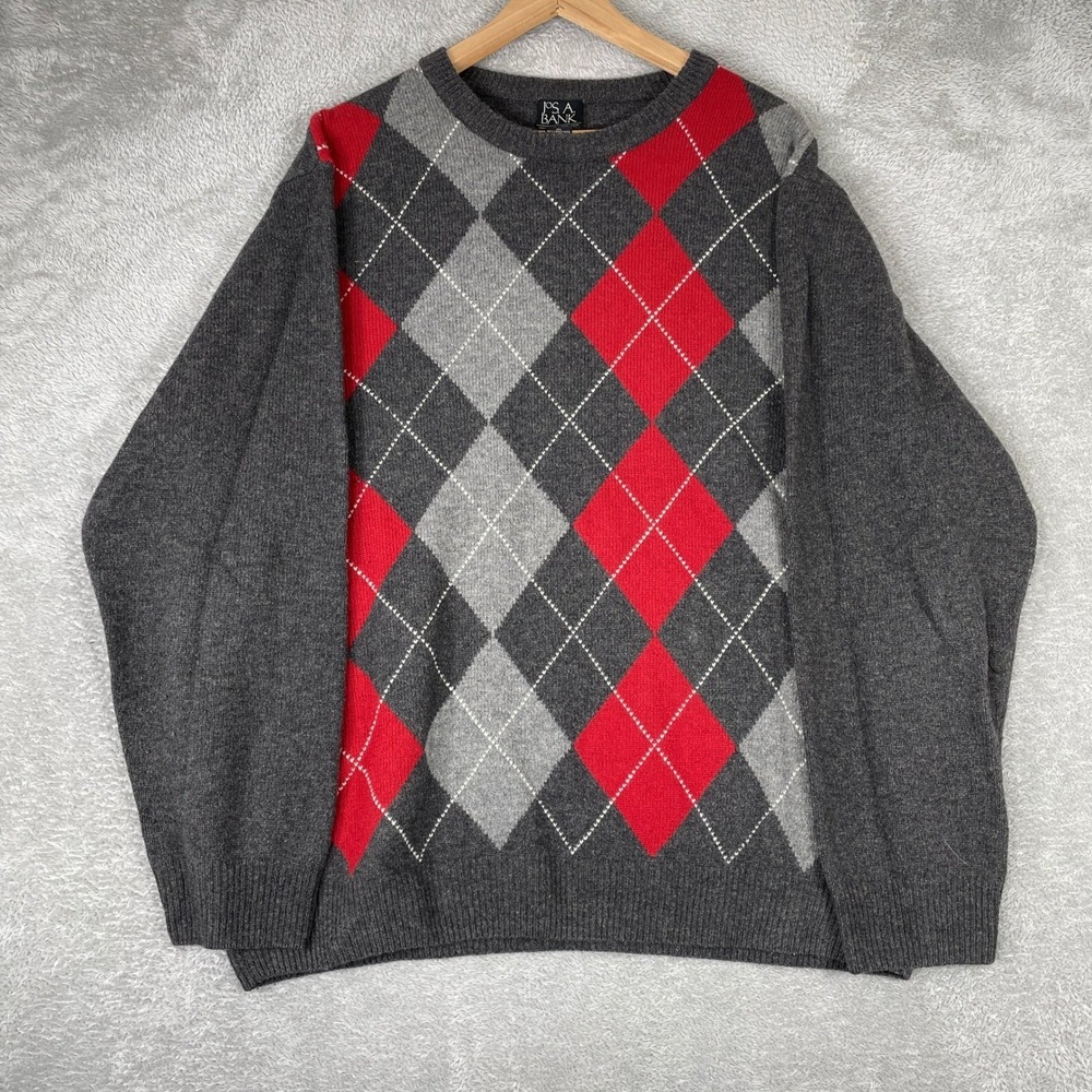 Jos A Bank Sweater Mens XL Gray Argyle Lambswool Preppy‎ Academic Classic